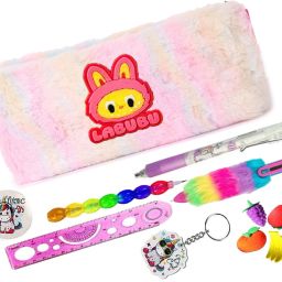 Labubu Fluffy Pencil Pouch Pencil Case Combo Set for Pen/pencil/eraser& Keychain Badge for Best Rakhi Gift for Kids 8 Pcs Labubu Doll Kawaii Stationery for Kids Art Canvas Pencil Box-picture-19