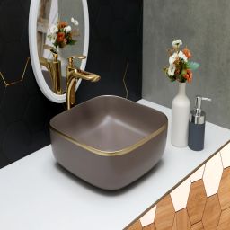 stylish charcoal mocha with gold trim design ceramic Washbasin Sink (41.5X41.5X11.5 CM) (SUPER GLOSSY FINISH) PREMIUM DESIGNER WASH BASIN Top Mount-image-13