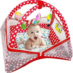Polyester Kids Washable Unisex Baby Bedding Set Play Gym with Mosquito Net Cum Sleeping Bed (Dot Red) Mosquito Net-2