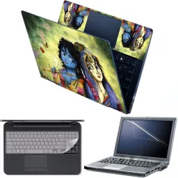 Anweshas 4 in 1 Combo Pack with Laptop Skin Sticker Decal, Palmrest Skin, Screen Protector, Key Guard for 15.6 Inch Laptop - Cute Radha Krishna Combo Set-28