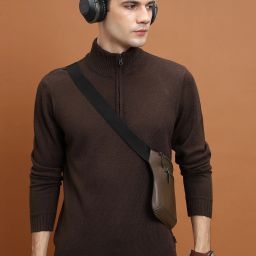 Men Solid High Neck Brown Sweater-image-61