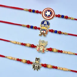 Kids Batman,Thor, Ironman, Spiderman Combo Set of 4 Rakhi Brother, Kids RJ11 Gold Rakhi Set-image-1