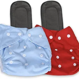 Small Cloth Button Diaper Combo - 2 diaper with black insert (skyblue red)-0