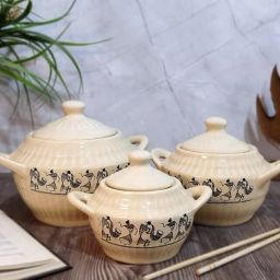 Ceramic Serving Bowl Ivory Donga Set of 3 with Lid, For Dinner/Gravy Bowl | Dinner Serving Set Disposable-image-86