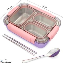 Bento Pro 3 Section Lunch Box | Stainless Steel | Air Tight | Spoon & Chopsticks 3 Containers Lunch Box-12