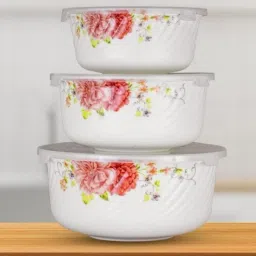 Ceramic Salad Bowl White Melamine Flower Printed Serving Bowl with lid Bowl Set of 3 Disposable-image-1