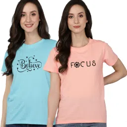 Pack of 2 Women Typography Round Neck Cotton Blend Multicolor T-Shirt-image-2