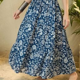 Women Printed A-line Blue Skirt-image-3
