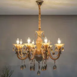 kapoor lampshades Raphael 8 Arm Ceiling Chandelier In Amber & Clear Finish With Clear Glass Crystal Drops & Trim-picture-19