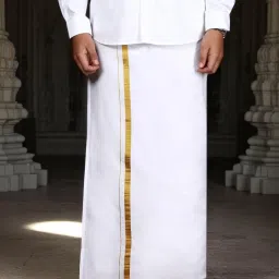 WHITE HEART Single Layer 100%Cotton White with Gold Jari Border Adjustable Velcro and Pocket Solid Men Dhoti-image-57
