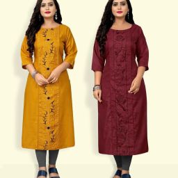Pack of 2 Women Embroidered Cotton Blend Straight Kurta-image-58