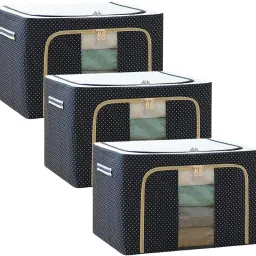 Cotton, Polyester, Stainless Steel Clothes Storage Box Multi 66 Ltr Rectangular Foldable Bags with Zip Storage Basket-51