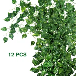 Set of 12 Pcs Stylish, Beautiful Faux Green Leaf Money Plant Creepers, Green Wild Flower Artificial Flower-21
