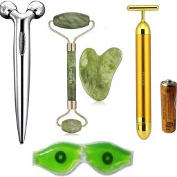 MORVIKA T- Golden Electric Vibration Facial Massage, With 3D Roller & Jade GauSha Stone 100 % Natural Stone Roller Face Massager, Facial And Body Massager (Multicolor) Massager-image-34