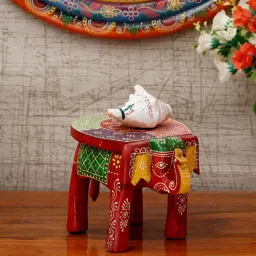 craft tree Wooden Handpainted Decorative Elephant Stool Showpiece in Red color-picture-40