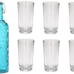 Bottle & 6 Glass Serving Lemon Set, Blue, Clear, Glass - A196 Jug Glass Set-image-20