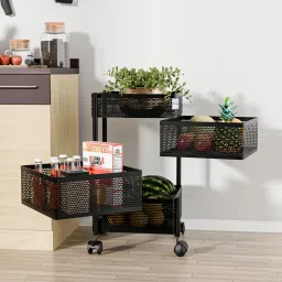 3+1 Layer Kitchen Metal Storage Rack with Wheels | Square Shape - Black Iron Kitchen Trolley-picture-25