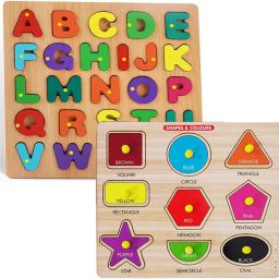 PackOf2 Wooden Capital Alphabet Puzzles + Geomatric Shapes & Colors Toys Board-image-14