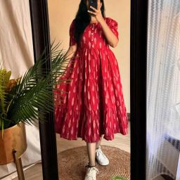 Women A-line Red, White Midi/Calf Length Dress-image-11