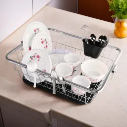 Dish Drainer Kitchen Rack Steel Dish Rack With Handle & Draining Tray Included | 17x22 Inch | Silver Steel-image-3