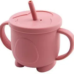 Baby Silicon Cup with Straw Training System, 100% BPA Free Sippy Cup(Dusty Rose)-image-63