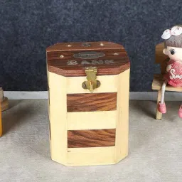 exim decor Pine And Sheesham Wood Handcrafted Octagon Piggy Bank-picture-31