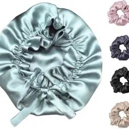 Satin Silk Bonnet for Hair with 4 Scrunchies, Adjustable Silk Hair Cap Sleeping,-image-11