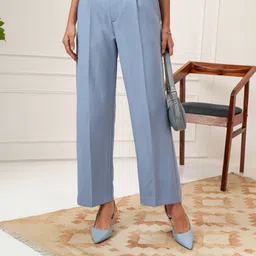 tokyo talkies Women Straight Fit Blue Cotton Blend Trousers-picture-6