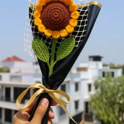 Crochet Sunflower Bouquet – Handmade Wool Flower with Black Wrap & Cute Ribbon Yellow Sunflower Artificial Flower-13