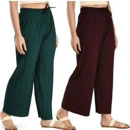 Pack of 2 Women Regular Fit Maroon, Green Crepe Trousers-image-32