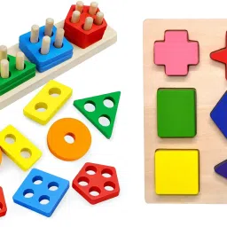Montessori Toys for 1-3 Years Old Toddlers, Wooden Sorting and Stacking & Geometry Matching Puzzles Stacking Building Blocks Combo pack of 2-14