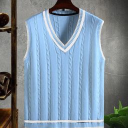 Men Self Design V Neck Blue Sweater-image-96