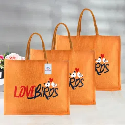 Jute Love Birds Shopping Bag with Handle|Zip Grocery Bag|Large|Pack of 3|Orange Pack of 3 Grocery Bags-image-89