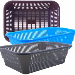 Plastic Natasha 1013 Multipurpose Basket, Set of 3 Pc, 4 Ltr, Brown Blue Grey Plastic Fruit & Vegetable Basket-image-98