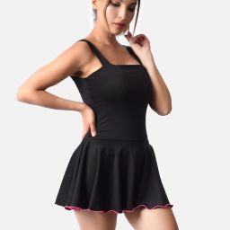 A - Line Solid Single Piece Swimwear/Swim Suit for Women with Attched Shorts Solid Women Swim-dress Black Swimsuit-image-5