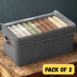 Ashmakam 3 Pcs Storage Box with Lid, Foldable Cloth Organizer for Wardrobe & Bedroom Poly-canvas Laundry Bag-33