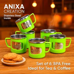 Pack of 6 Stainless Steel, Plastic REGAL Tea Cup Set|Steel|Coffee Mug-23