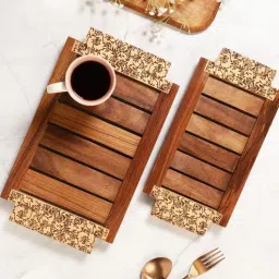 vareesha Gul Hand Carved Sheesham Wood Trays Set of Two with Fine Carving Handles-picture-26