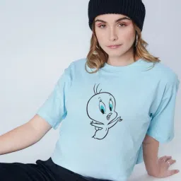 Women Self Design Round Neck Polyester Light Blue T-Shirt-image-84