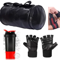 BLACK GYM BAG WITH PREMIUM SHAKER BOTTLE ,GLOVES AND WRIST SUPPORT-15