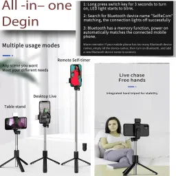 Wrapadore R1S Mini LED Fill Light Tripod Selfie Extendable Bluetooth Selfie Stick Tripod with Detachable Wireless Remote or Vlogging/Gopro/Photography/Videography for All Mobile Smartphones Monopod, Tripod, Tripod Bracket, Tripod Bracket image 5