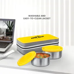New Mini Lunch Insulated Tiffin, Set of 2, (280 ml Each), With Jacket, Yellow 2 Containers Lunch Box image 5