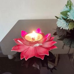 Brass Lotus akhand Diya for Pooja dipawali Decoration Oil Lamp for Mandir and Temple (red) Brass Table Diya-image-3