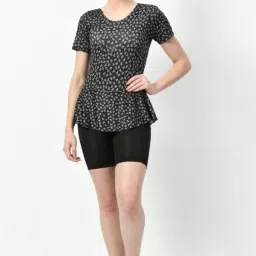 One Piece Swimming Costume for Women Removable Pads Half Sleeves Half Length Printed Women Swim-dress Black Swimsuit-image-21