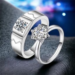 King & Queen Love Forever Adjustable Couple Rings Stainless Steel Cubic Zirconia Silver Plated Ring Set-image-101