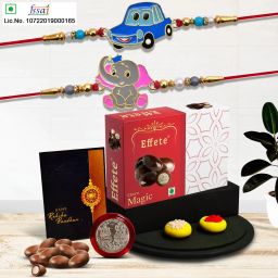 Kids Rakhi Combo with Choco Magic (32gm) | Rakhi for Brother/sister |K2_109+110_EM32 Assorted Rakhi, Chawal Roli Pack, Coins, Greeting Card Set-image-47