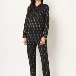 KALINI Geometric Printed Shirt Collar Long Sleeves Pure Cotton TopWith Trousers-picture-23