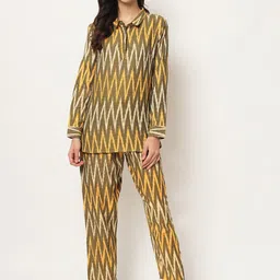 KALINI Geometric Printed Shirt Collar Long Sleeves Pure Cotton TopWith Trousers-picture-22