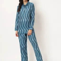 KALINI Geometric Printed Shirt Collar Long Sleeves Pure Cotton TopWith Trousers-picture-21