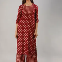 MAUKA Women Maroon Ethnic Motifs Printed Kurta with Palazzos-image-32